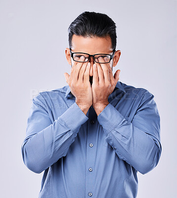 Buy stock photo Stress, headache and man with glasses in studio for vertigo, eye strain or blurry vision on white background. Anxiety, optometry and male with migraine, brain fog or burnout with mental health crisis