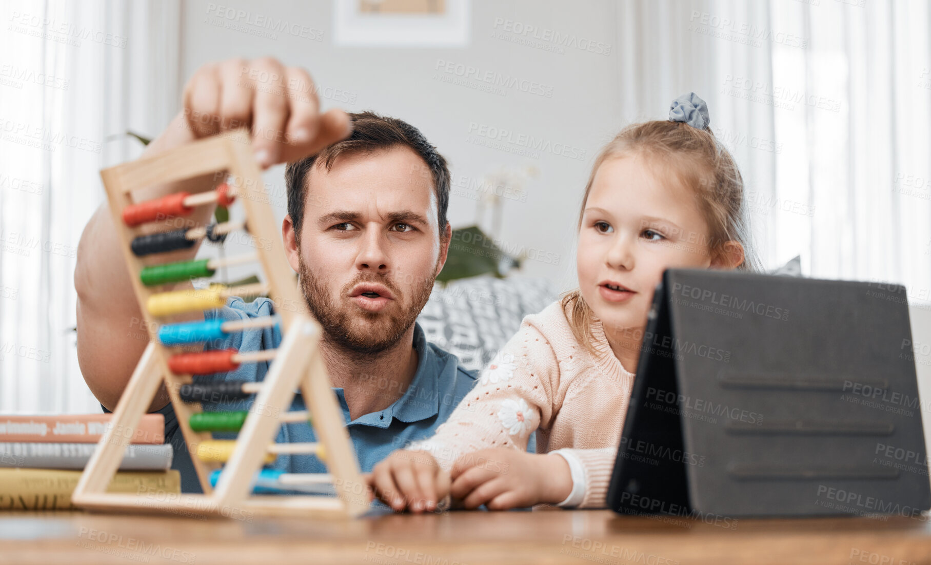 Buy stock photo Tablet, abacus and father with girl for homework for creative learning, education and development. Family, parents and dad and kid for mathematics, counting and numbers lesson with technology at home