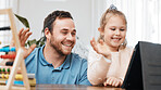 Dad, tablet or child on video call for education, skills development or knowledge in online class. Wave, father or happy kindergarten girl student learning math by parent on elearning course at home