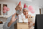 Happy birthday, video call and senior couple celebrate online with cake for party, event and connection with tablet. Internet, web and elderly people excited for gift or surprise gathering together