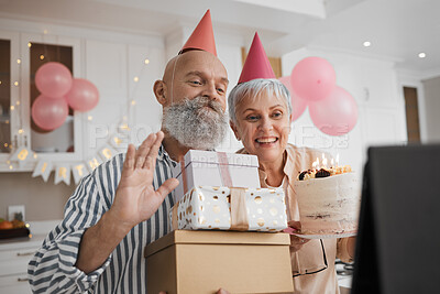 Buy stock photo Birthday party, video call and senior couple celebrate online with cake for remote event and connection on tablet. Internet, web and elderly people excited for gift or virtual surprise together