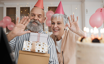 Buy stock photo Happy birthday, video call and senior couple celebrate with cake in a home party, event and candles in a house together. Man, woman and elderly excited for virtual or remote surprise on retirement