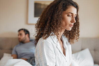 Buy stock photo Upset, bedroom and woman in argument with her husband for divorce, marriage problem or breakup. Sad, depression and female person fighting with her partner for toxic relationship or cheating at home.