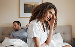 Sad, bedroom and woman fighting with her husband for divorce, marriage problem or breakup. Upset, depression and female person in argument with her partner for toxic relationship or cheating at home.