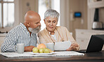 Laptop, document and senior couple in discussion at home for paying bills debt or mortgage online. Pension planning, technology and elderly man and woman in retirement with paperwork and a computer.