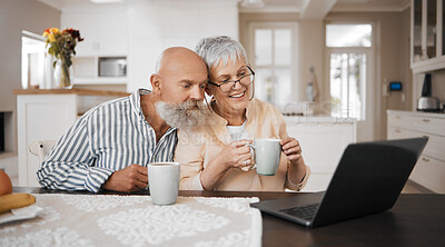 Buy stock photo Laptop, video call and senior couple in a kitchen with coffee, conversation and bond at home. Love, retirement and elderly man with old woman in a house with tea, speaking or online communication