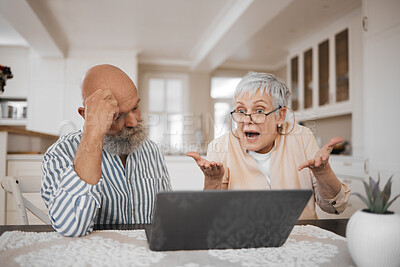 Buy stock photo Laptop, argument and senior couple at their home for paying bills debt or mortgage online. Pension, technology and elderly man and woman in retirement fighting for financial crisis with a computer.