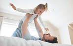 Girl, father and happy on bed for airplane games, energy and relax for crazy fun at home. Dad, child and excited to fly in bedroom for freedom, fantasy and lift to balance for play, trust and support