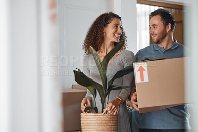 Buy stock photo Moving, new home or happy couple with boxes in real estate, property or rental apartment. Woman, proud man or excited people walking together carrying or lifting package in a house on loan with smile