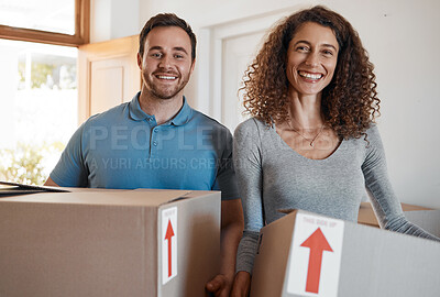 Buy stock photo Moving, new home or portrait of happy couple with boxes in real estate, property or rental apartment. Woman, proud man or excited people carrying or lifting package in a house on loan with smile