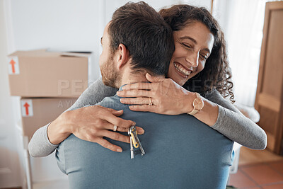 Buy stock photo House keys, success or happy couple hug in real estate, property investment or buying apartment. New home goal, achievement or excited man with smile or woman to celebrate moving in flat together