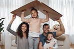 Parents, kids and cardboard roof in portrait, smile or excited for security, property investment or fresh start in family home. Mother, father and children with box, happy and together with new house