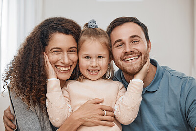 Buy stock photo Happy family, father or portrait of mother with child in home to relax on holiday vacation with care or smile. Hug, proud mom and dad bonding with a happy baby or girl in family house with trust