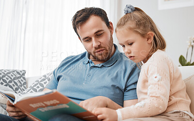 Buy stock photo Bonding, reading and father and child with a book on the sofa for learning or knowledge. Relax, family and a man, dad or girl kid with a story for education or teaching together in a home living room