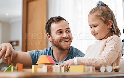 Buy stock photo Building blocks, toys and girl with happy dad playing in living room for education, development and learning in creative games. Montessori, child and father bonding with kid in family home lounge