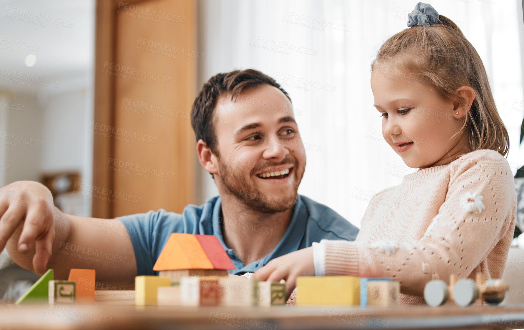 Buy stock photo Building blocks, toys and girl with happy dad playing in living room for education, development and learning in creative games. Montessori, child and father bonding with kid in family home lounge