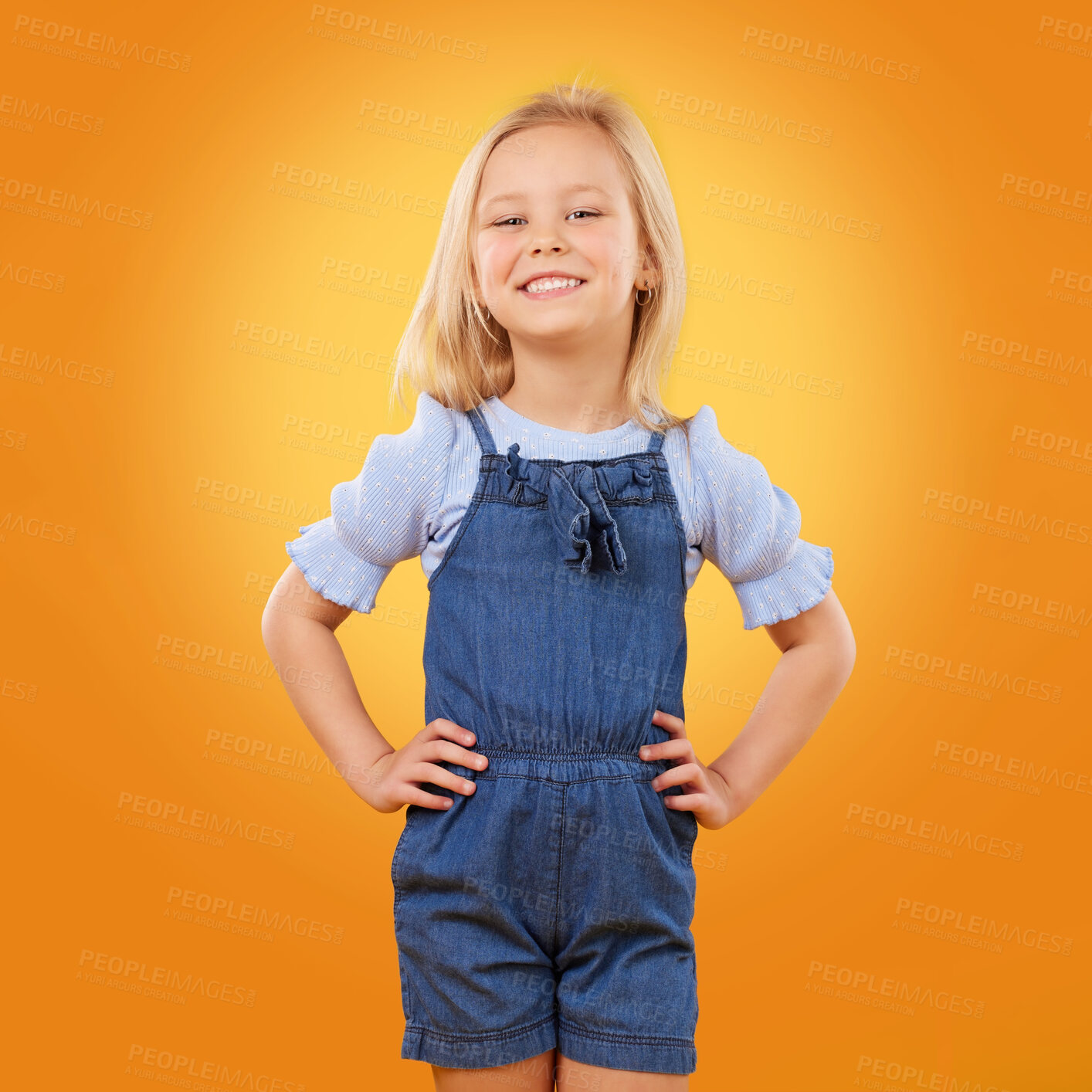 Buy stock photo Happy, fashion and portrait of girl on orange background with happiness, joy and excited in studio. Canada, childhood and face of young, confident and cute child in casual outfit, style and clothes