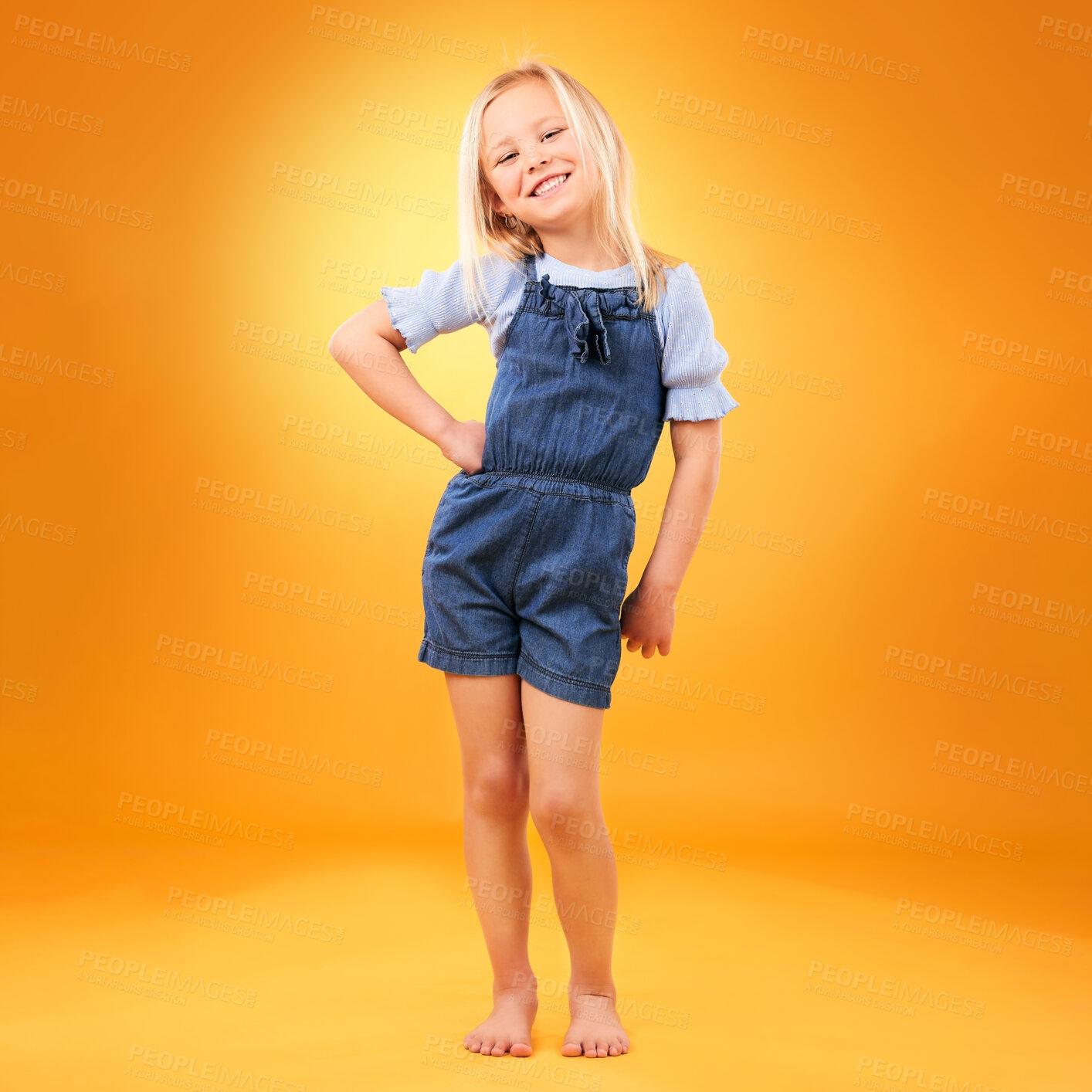 Buy stock photo Happy, fashion and portrait of girl in studio with happiness, joy and excited on orange background. Canada, childhood and face of young, confident and cute child in casual outfit, style and clothes