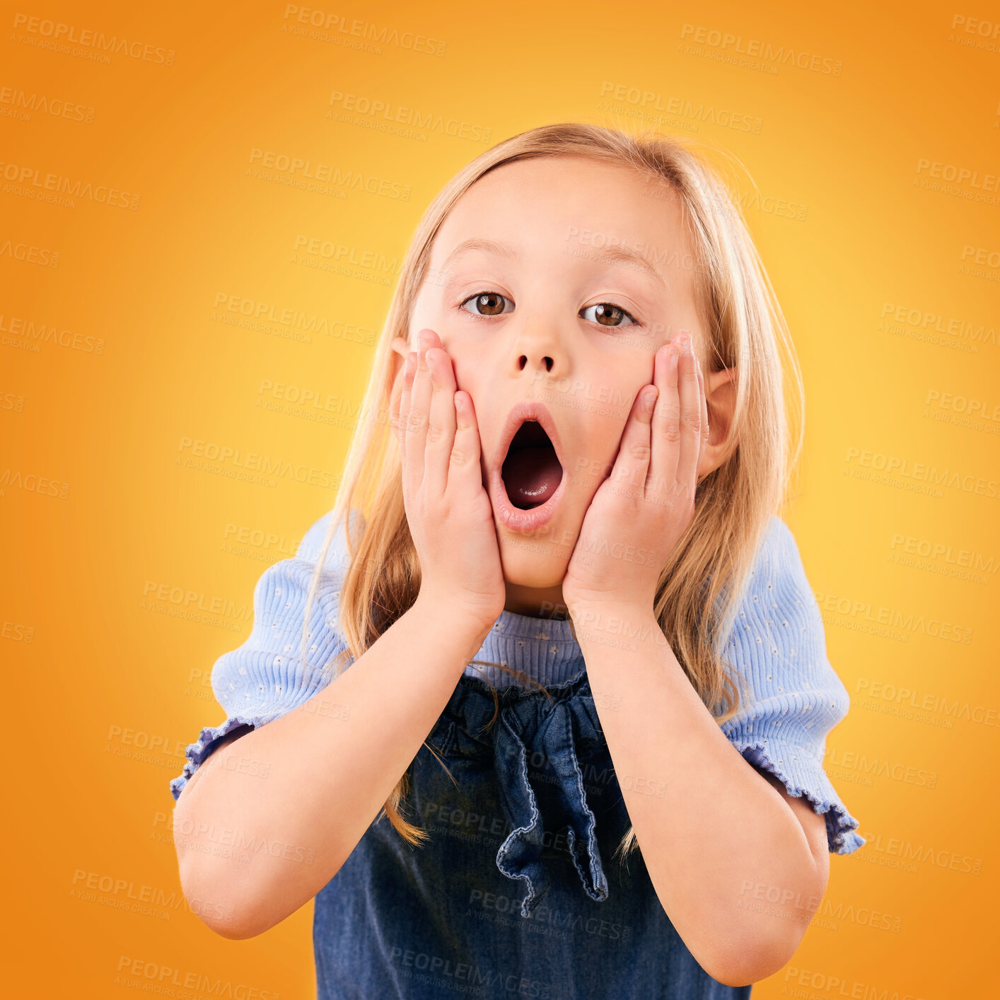 Buy stock photo Wow, surprise and hands on face of girl child in studio with news, announcement or giveaway on orange background. Omg, portrait and kid shocked by secret, gossip or drama, promotion or information
