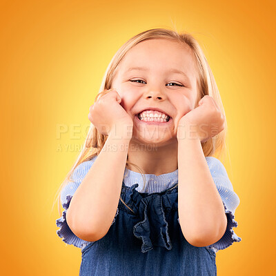 Buy stock photo Portrait, child and girl with a smile, surprise and excited on a yellow studio background. Face, person and kid with happiness, announcement and good news with a prize, wow and winner with giveaway