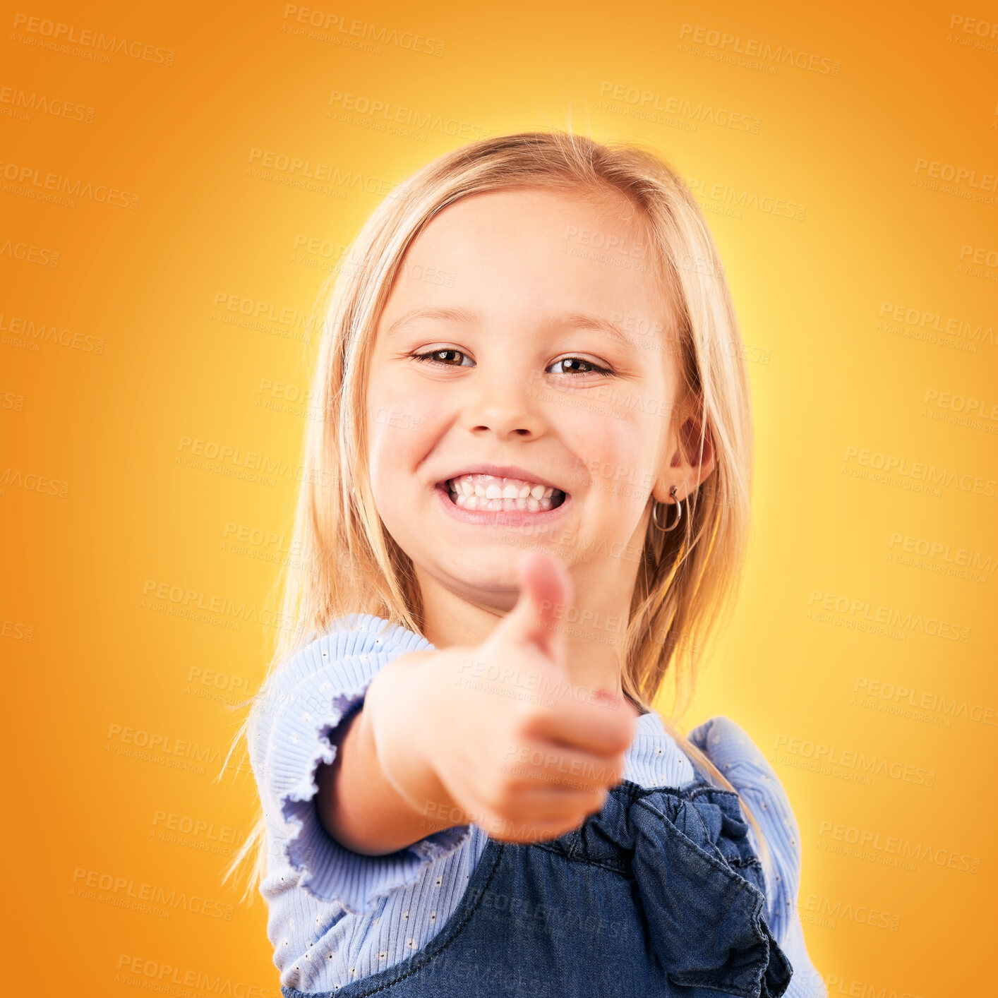 Buy stock photo Child, happy portrait and thumbs up in studio for support, like emoji or yes for approval. Face of young girl kid on a orange background for hand gesture, icon or sign for agreement or thank you