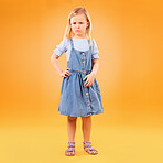 Angry, sad and portrait of girl child in studio with bad news, feedback or negative, review or vote on orange background. Face, frown and annoyed kid with emoji tantrum, behavior or attitude problem