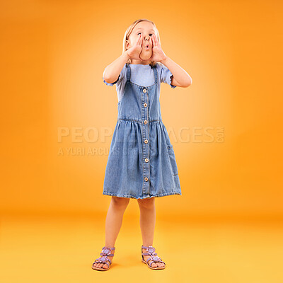 Buy stock photo Wow, news and girl child in studio with announcement, message or screaming information on orange background. Shout, deal and kid with hand emoji gesture for voice, opinion or choice, gossip or promo