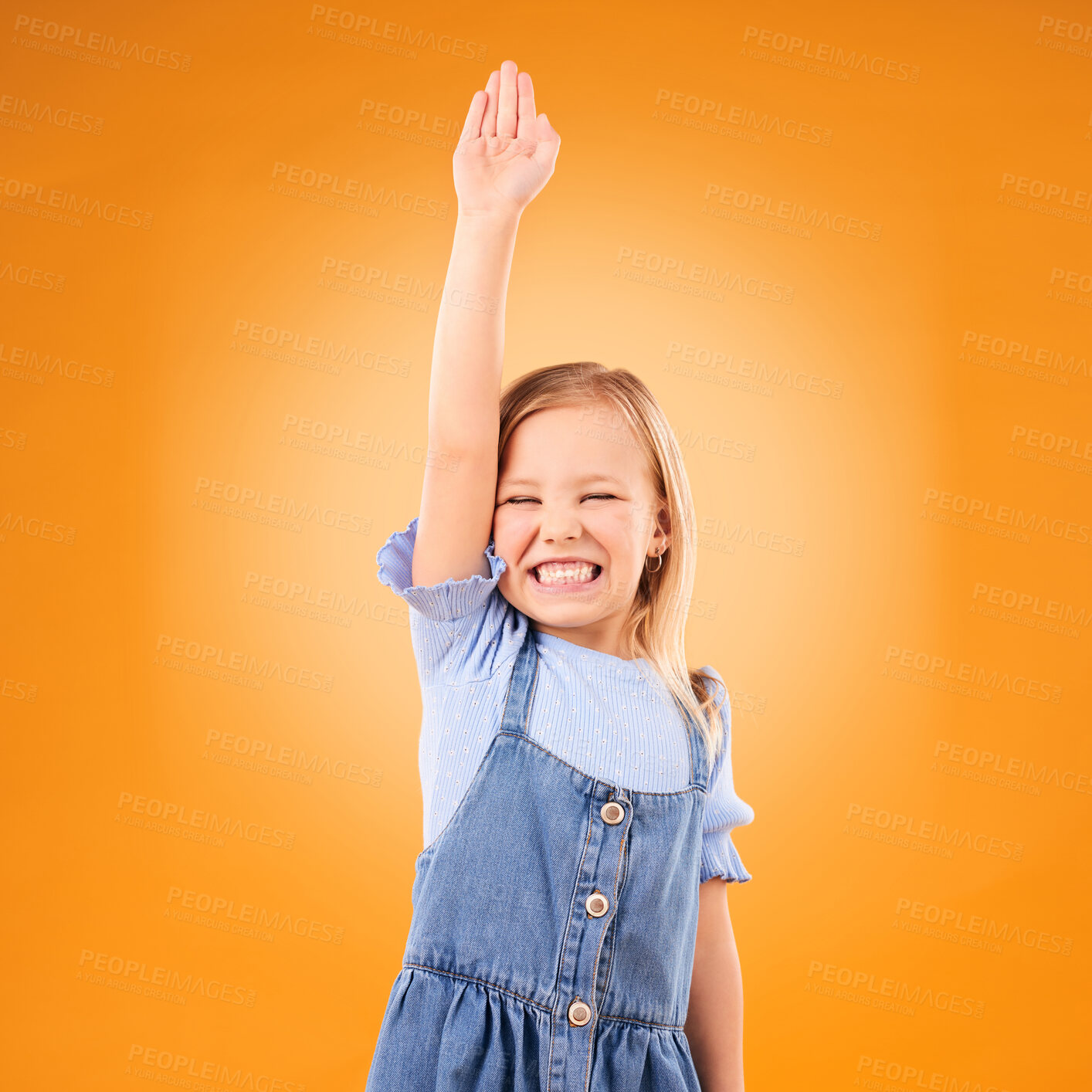 Buy stock photo Learning, hands raised and happy kid with question in studio isolated on an orange background mockup space. Excited, answer and girl student asking why, knowledge and education at kindergarten school