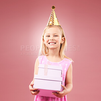 Gift, birthday party and portrait of child with a hat for holiday or happy celebration. Excited girl on a pink background for surprise, giveaway prize or celebrate win at event with a present and joy