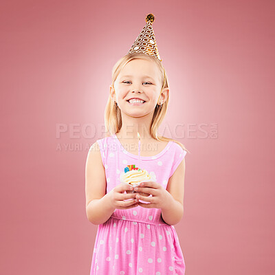 Cupcake, birthday and portrait of a child with a hat for holiday party or happy celebration. Excited girl on a pink background for surprise, cake or celebrate achievement with a dessert and joy