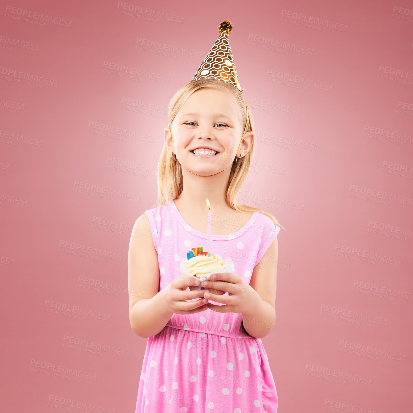 Buy stock photo Cupcake, birthday and portrait of a child with a hat for holiday party or happy celebration. Excited girl on a pink background for surprise, cake or celebrate achievement with a dessert and joy