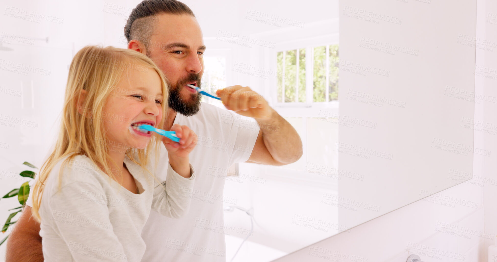 Buy stock photo Brushing teeth, learning and girl child with father in a mirror for wellness, gum and tooth health at home. Love, oral care and kid with parent in bathroom for teaching, cleaning and bond in a house