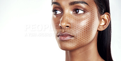 Buy stock photo Beauty, mockup and facial recognition for skincare with a woman in studio isolated on white background. Skin, hologram and space with a model scanning her face for makeup automation or innovation