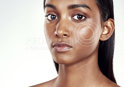 Buy stock photo Portrait, target and facial recognition for skincare with a woman in studio isolated on white background. Beauty, hologram and digital with a model scanning her face for makeup innovation or change