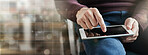 Business, closeup and man with a tablet, overlay and connection with network, typing and email notification. Banner, consultant and employee with technology, search internet and website information