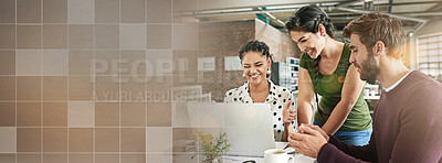 Buy stock photo Business people, teamwork banner and laptop for online planning, presentation and information technology mockup. IT employees or group on computer, software development and tech startup collaboration