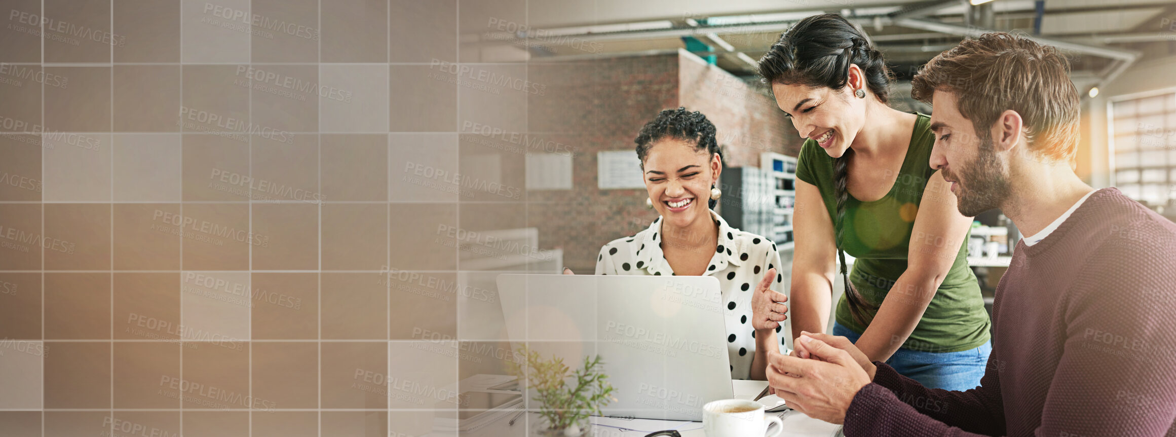 Buy stock photo Business people, teamwork banner and laptop for online planning, presentation and information technology mockup. IT employees or group on computer, software development and tech startup collaboration