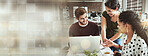 Business banner, laptop and happy people teamwork, web designer communication and group collaboration on website design. Happiness, mockup grid space and professional team cooperation on SEO project