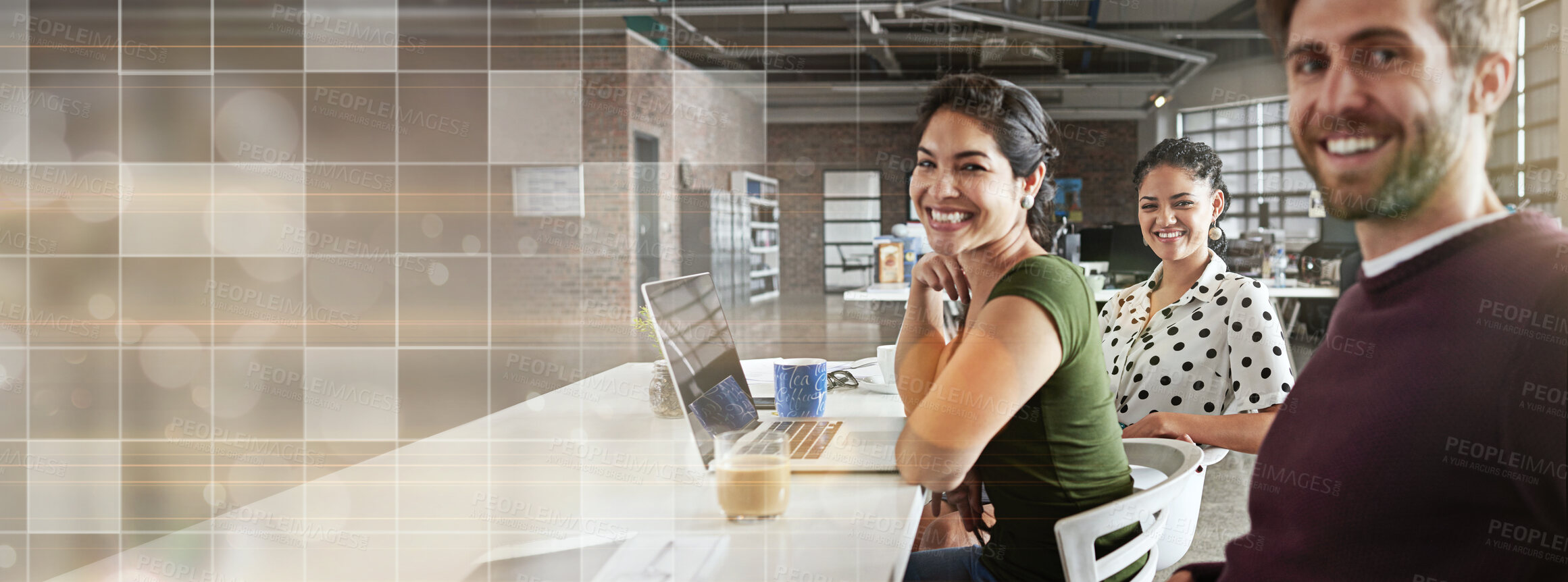 Buy stock photo Portrait, teamwork and business people in a meeting, overlay and cooperation with a laptop, connection and brainstorming. Staff, coworkers or group with a pc, collaboration and planning with feedback
