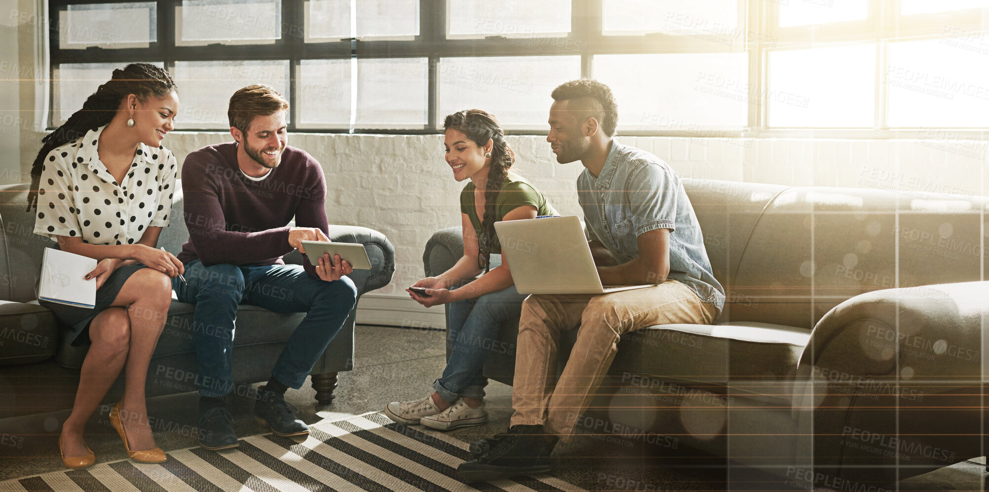 Buy stock photo Meeting, technology and overlay with a business group in an office lounge for planning or strategy. Collaboration, diversity or digital cityscape with an employee team working in a break room