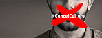 Cancel culture, man and protest sign on mouth with censorship for bullying, violence and social media with mockup space. Silence, person and words on lips with support for solidarity in studio