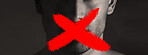 Protest, man and cancel culture sign on mouth with censorship for bullying, violence and social media on black background. Silence, person and letter on lips with support for solidarity in studio