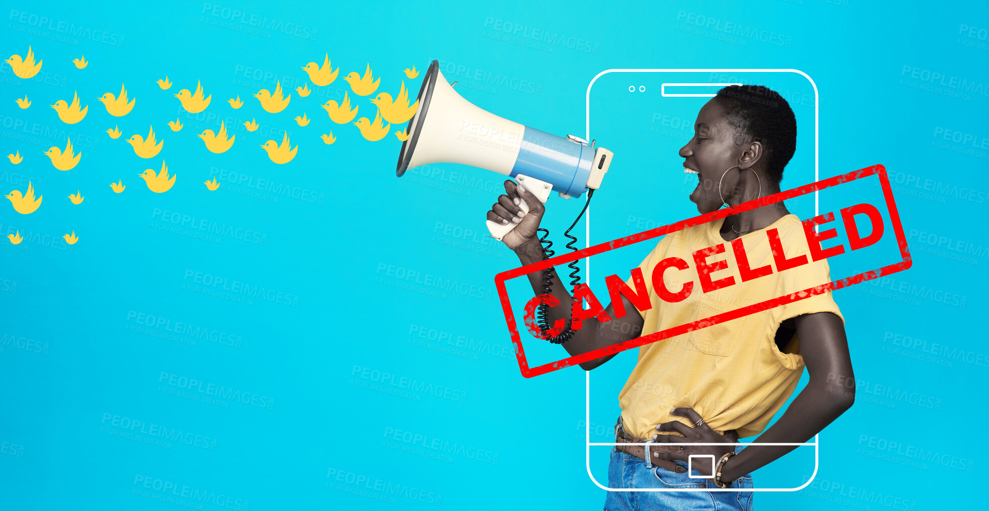 Buy stock photo Megaphone, censored or woman shouting on social media on blue background for change in studio. Cancel culture, mobile icon or frustrated girl screaming on loudspeaker for human rights or free speech