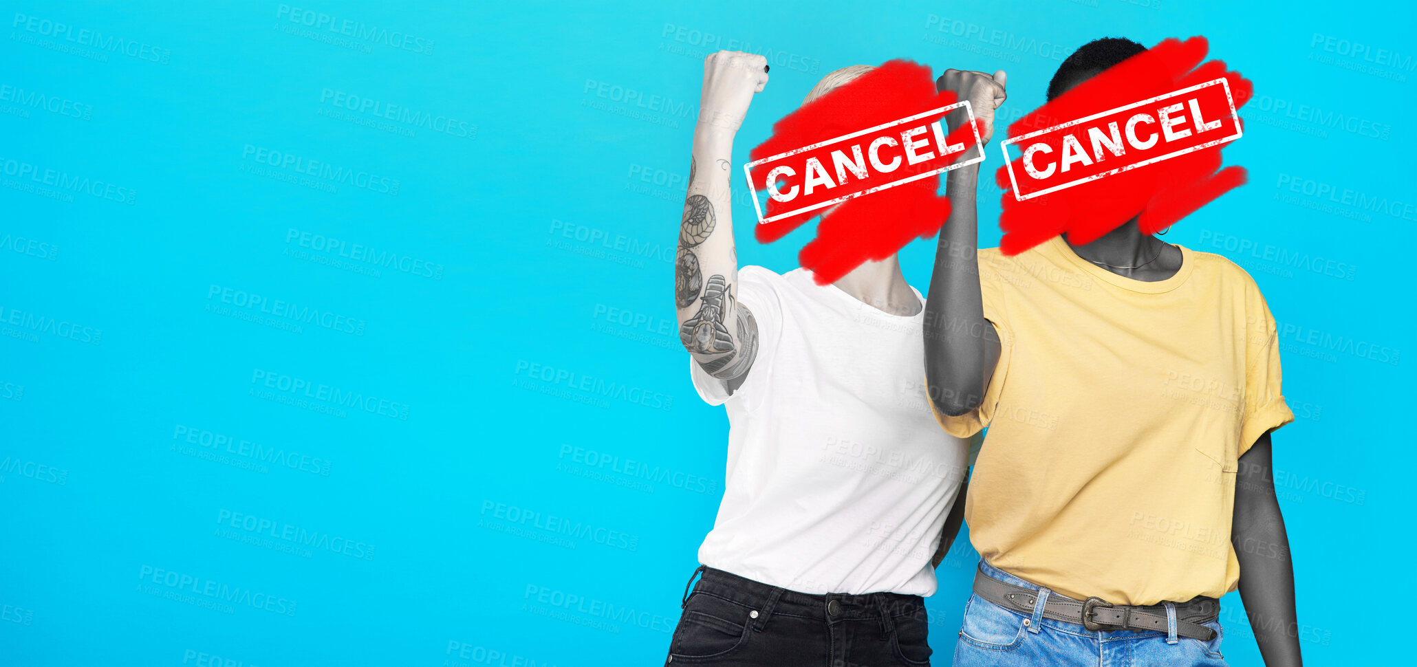 Buy stock photo Protest, mockup and cancel culture with women on a blue background banner in studio for social media. Cyber bullying, influencer and diversity with friends  at a rally in anger to reject shaming