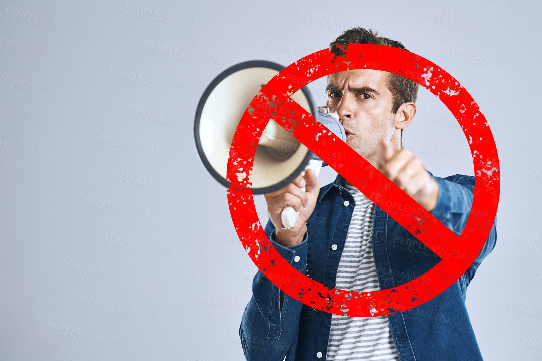 Buy stock photo Megaphone, stop or angry man shouting in studio on white background for freedom or change. Overlay, news announcement or frustrated person screaming on loudspeaker for human rights speech or justice