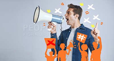 Buy stock photo Megaphone, protest or man shouting in studio on white background for freedom or change. Comic overlay, news announcement or angry person screaming with loudspeaker for human rights speech or justice 