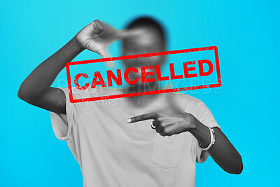 Buy stock photo Cancelled, ban and woman with censor face for boycott, silence opinion or shaming. Backlash, audience or text overlay censorship for social media critic, discrimination and abstract blue background