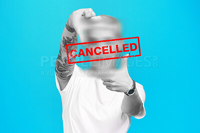 Buy stock photo Ban, censor and woman with cancelled on face for boycott, silence opinion or shaming. Stop, word or text overlay for censorship for social media critic, discrimination and abstract blue background