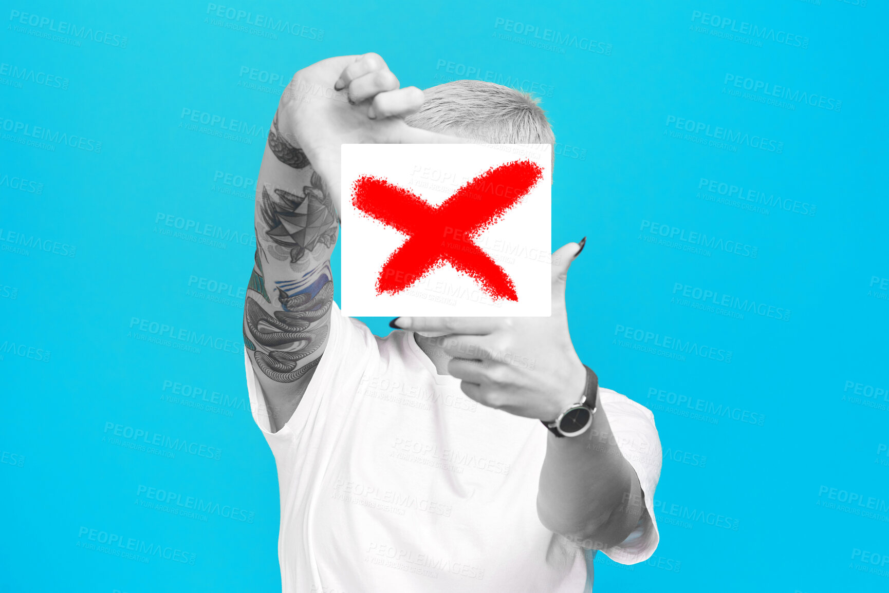 Buy stock photo Stop, finger frame or woman in studio to block censored profile picture on box or blue background. Hands, cancel culture sign or person with perspective of photography, selfie or creative inspiration