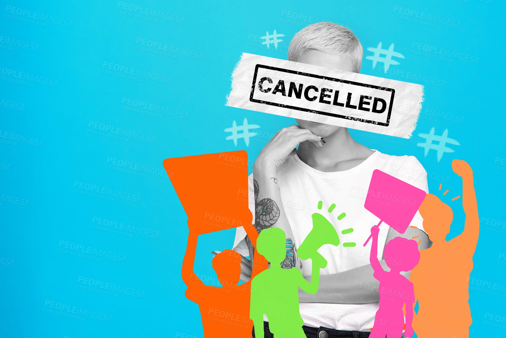 Buy stock photo Ban, cancel and woman with censor on face for boycott, silence opinion or shaming. Stop, audience or text overlay for censorship for social media critic, discrimination and abstract blue background